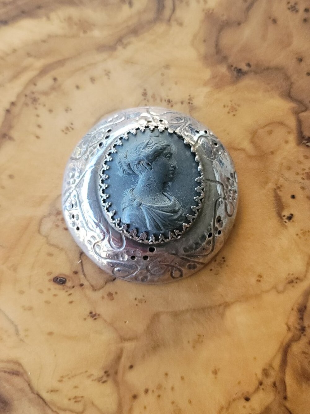 Antique Victorian Lava Rock Stone Cameo & Sterling Brooch